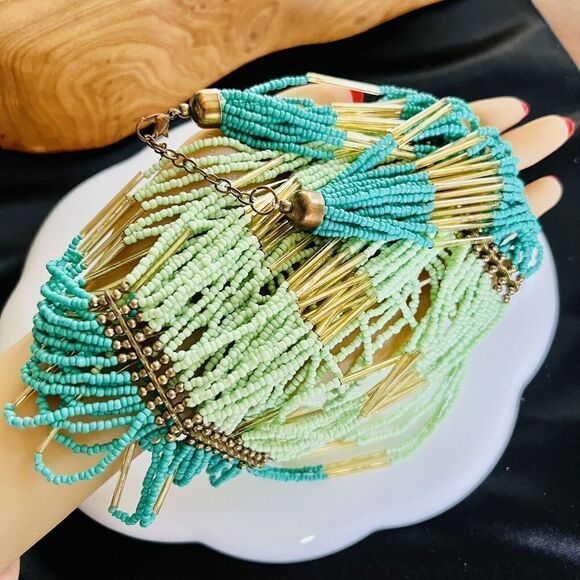 Stunning Waterfall Turqoise Green Gold Multi Strand Seed Bead Statement Necklace - Picture 9 of 15
